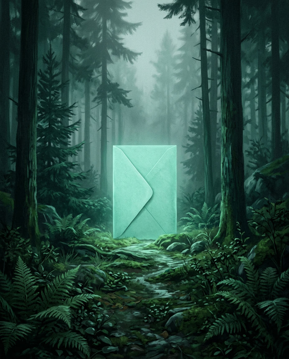 Illustration of a glowing mint envelope standing on a mossy forest path